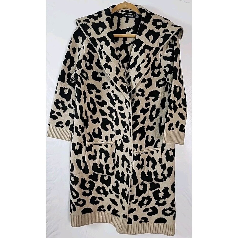 Nina Leonard Cardigan Duster Sweater L Black Tan Leopard Print Soft Oversized